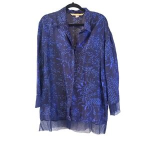 Victorias Secret Silk Pajama Sleep Shirt Button Collard Mesh Trim Blue Large